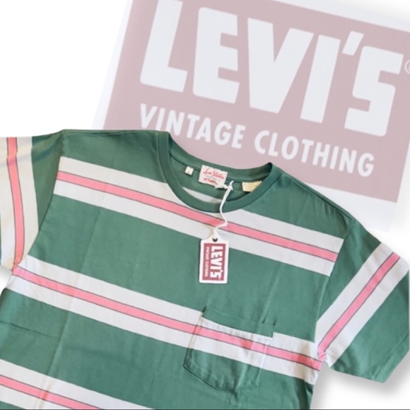 Levi’s Vintage Clothing 1940’s Split Hem Striped T-Shirt Pink/Green - Picture 6 of 16